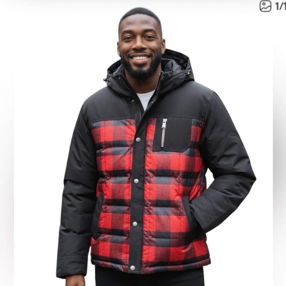 Pendleton Mens L Red & Blk Buffalo Plaid Hooded Duck Down Water Resistant Jacket